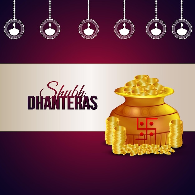 보라색 배경에 금화 냄비의 Shubh dhanteras 벡터 일러스트 레이 션