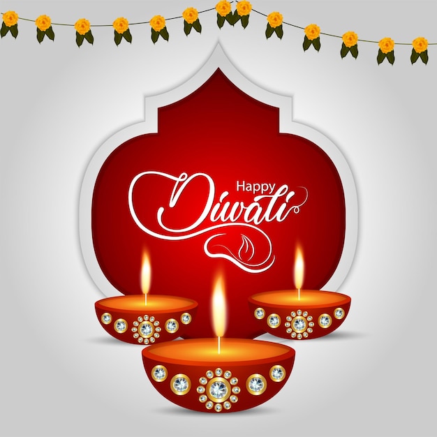 Shubh diwali celebration greeting card with oil lamp