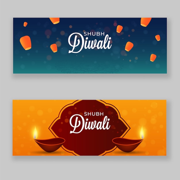 Vector shubh diwali header or banner design with lit oil lamps (diya)