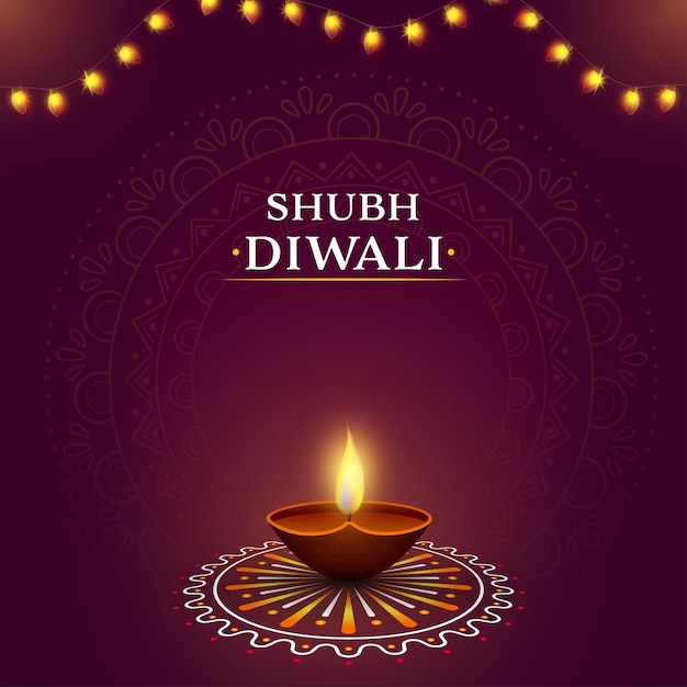 Shubh happy diwali celebration poster design con lampada a olio realistica accesa diya su rangoli e ghirlanda di illuminazione su sfondo viola