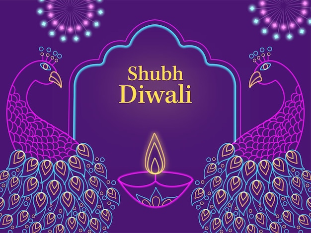 Shubh happy diwali font con stile lineare due pavone acceso lampada a olio diya e fuochi d'artificio stella su sfondo viola