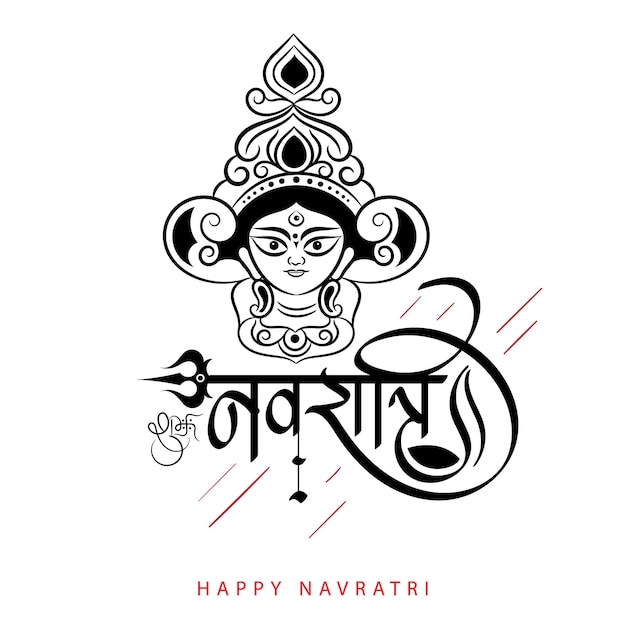 Vettore shubh navratri saluto con calligrafia hindi e illustrazione del contorno del viso della dea durga