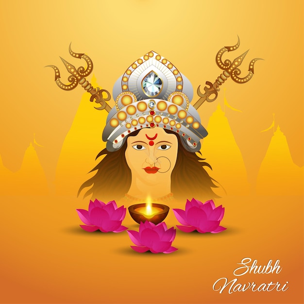 Shubh navratri indian festival celebration greeting card with Goddess durga illustration and lotus flower