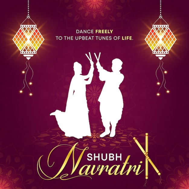 Shubh Navratri Puja Festival Celebration Card OR Post Design with Garba Background