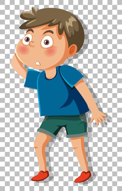 Vector a shy boy cartoon character on grid background