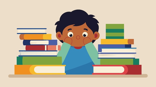 Vector a shy child shyly peeking around stacks of books their curiosity piqued by the titles and