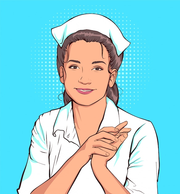 Shy nurse woman in white coat