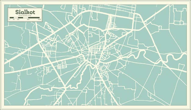 Vector sialkot pakistan city map in retro style. outline map. vector illustration.