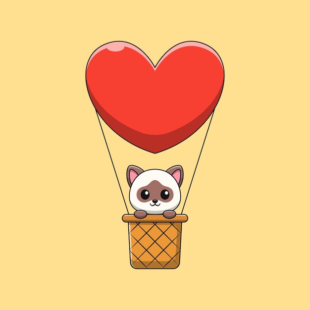 Vector siamese cat cartoon in love air balloon flat cartoon style