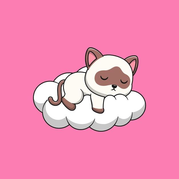 Vector siamese cat cartoon sleeping on the cloud flat cartoon style