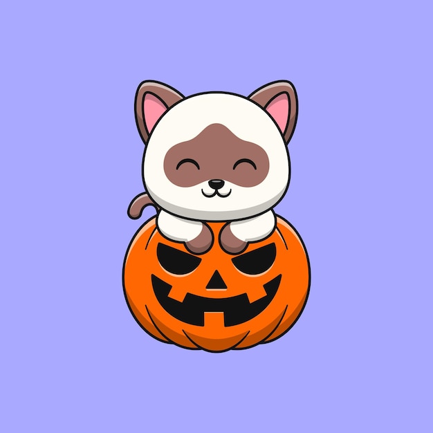 Cartone animato gatto siamese con zucca di halloween stile cartone animato piatto