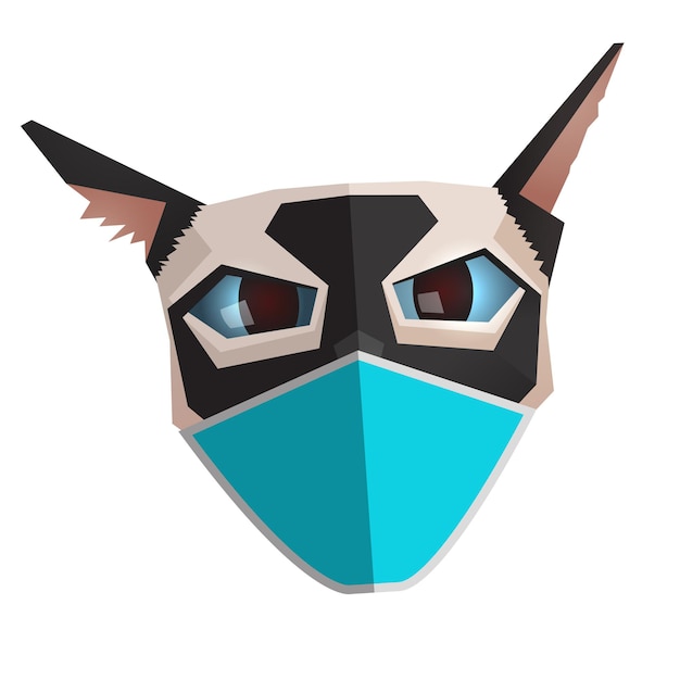 Vector siamese cat portrait with blue medical mask funny abstract character quarantine pet concept