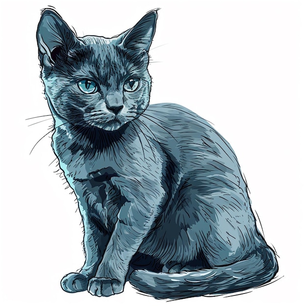 색 바탕에 앉아 있는 시암 고양이 터 손으로 그린 일러스트레이션