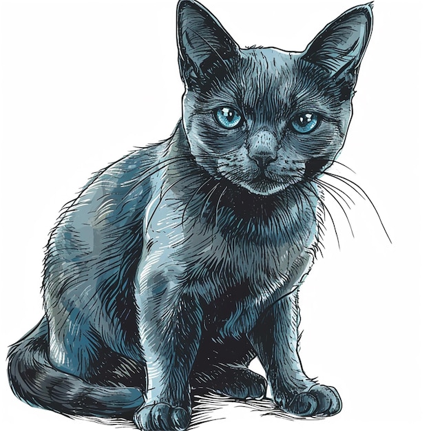 색 바탕에 앉아 있는 시암 고양이 터 손으로 그린 일러스트레이션