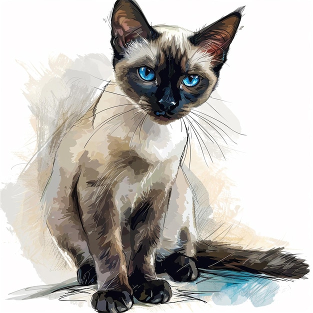 siamese cat with blue eyes in a white background in the style of comic art dark crimson and dark