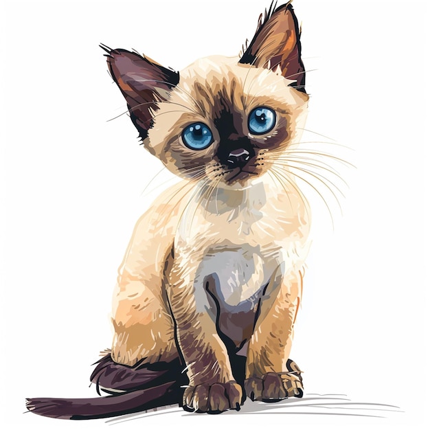 siamese cat with blue eyes in a white background in the style of comic art dark crimson and dark