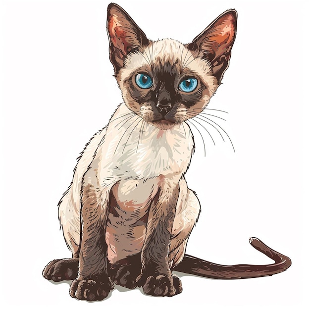 siamese cat with blue eyes in a white background in the style of comic art dark crimson and dark