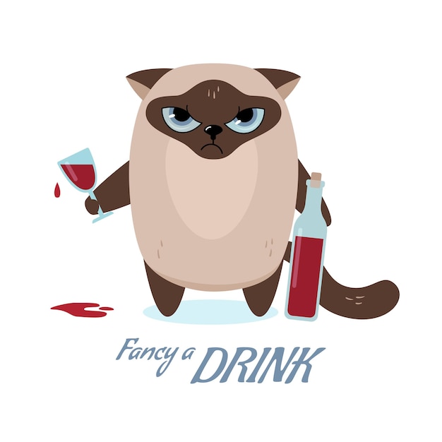 Vector siamese cat with a bottle of wine