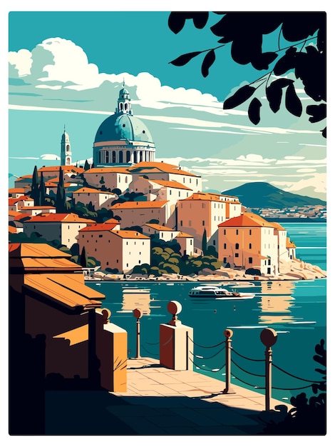 Vector sibenik kroatië vintage reisposter souvenir postkaart portret schilderij wpa illustratie