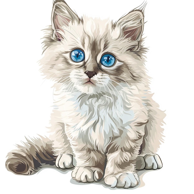 Siberian cat with blue eyes sitting on the floor Vector illustration