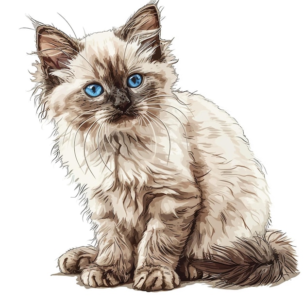 Siberian cat with blue eyes sitting on the floor Vector illustration