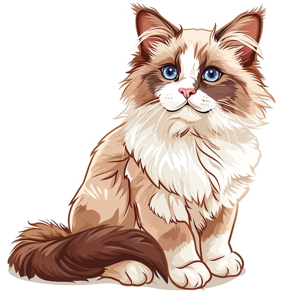 Siberian cat with blue eyes sitting on white background Vector illustration