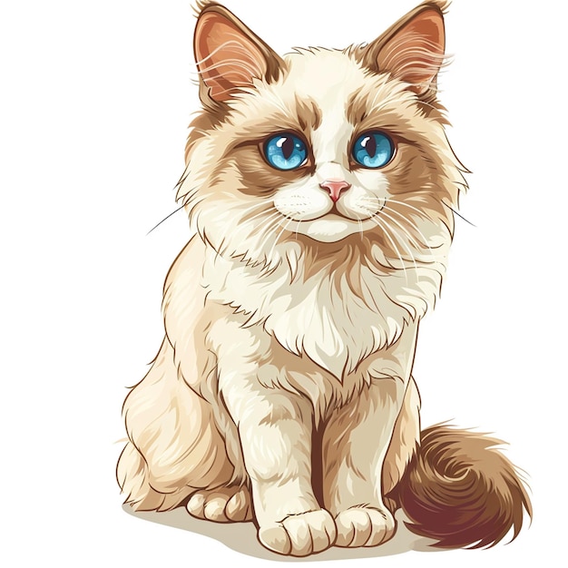 Siberian cat with blue eyes sitting on white background Vector illustration