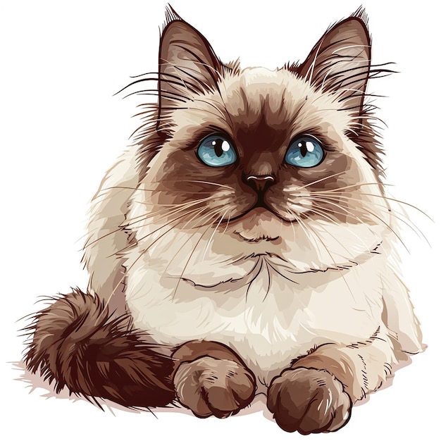 Siberian cat with blue eyes sitting on white background Vector illustration