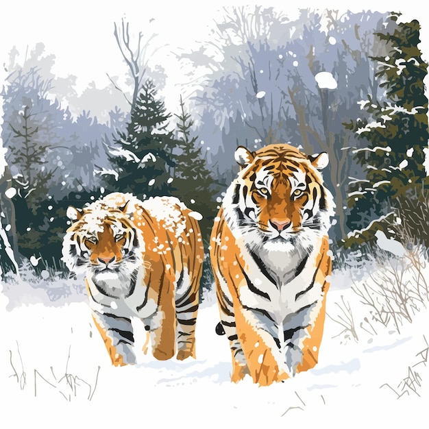 Vector siberian tigers in the taiga 1