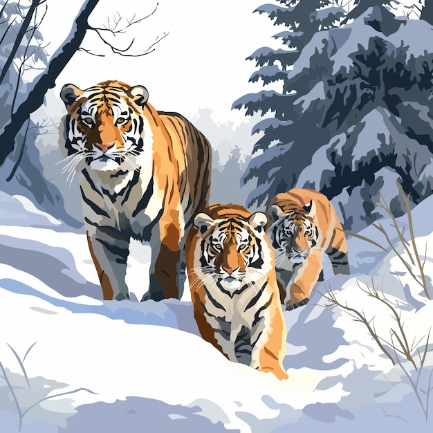 Vector siberian tigers in the taiga 4