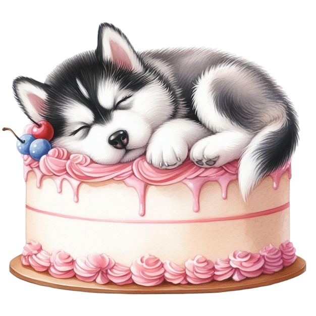 Siberische hond die op taart slaapt