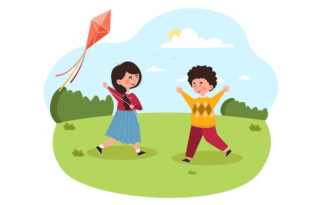 siblings playing together concept a little boy and a girl in the park are flying a kite children