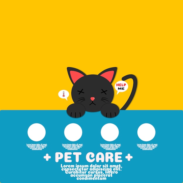больной черный кот мультфильм vector.pet концепция ухода.