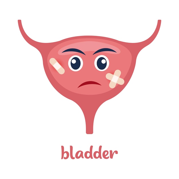 Больной мочевой пузырь с болью или заболеванием грустный мультяшный персонаж мочевого пузыря орган тела