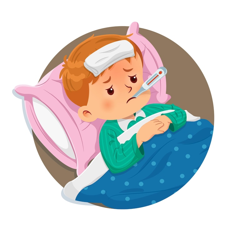 Vector sick boy resting on the bed with a thermometer in his mouth and high fever. vector illustration