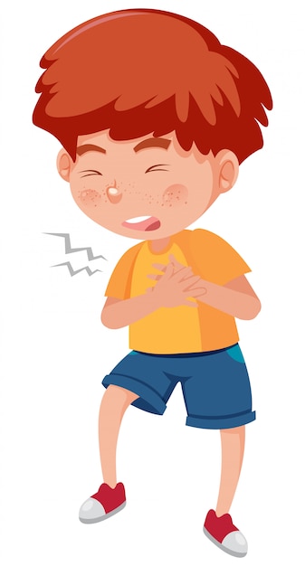 Vector sick boy with chest pain on white