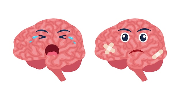 Sick brain with pain ache or disease Sad cartoon character brain body organ