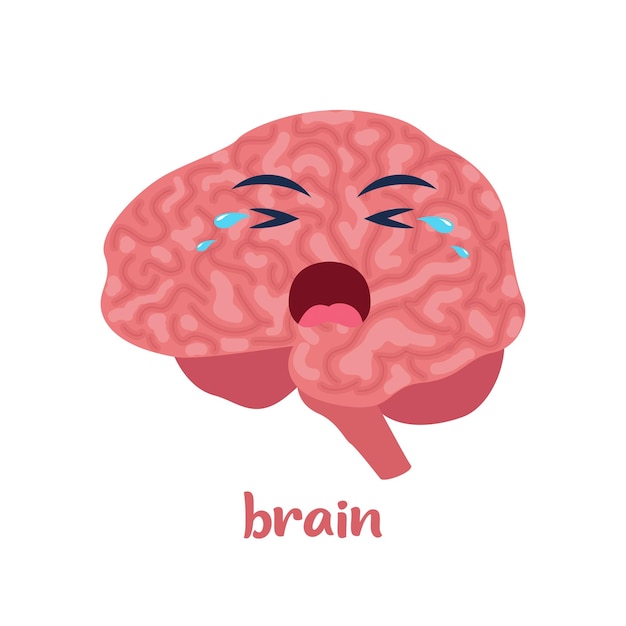 Sick brain with pain ache or disease Sad cartoon character brain body organ