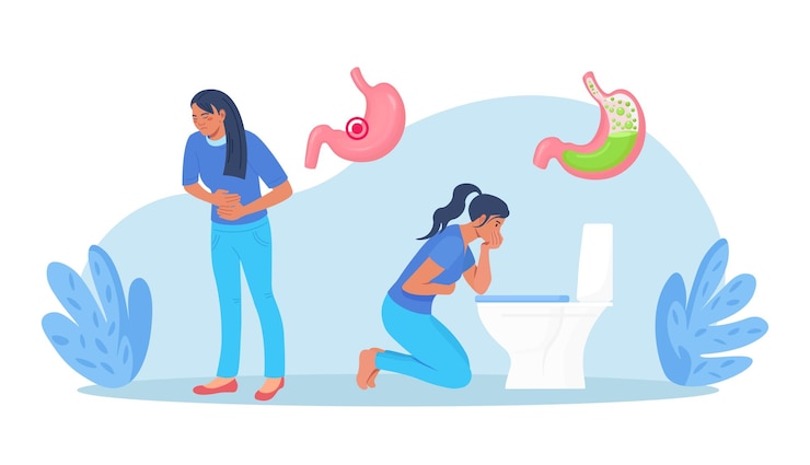 Vector sick character vomiting in toilet nausea stomach ache food or alcohol poisoning digestive problem woman with signs and symptoms of pregnancy gastritis appetite loss