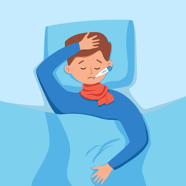 Vector sick child with fever with thermometer in mouth vector illustration. unhappy little boy feel unwell with virus or cold illness, having headache, measures the body temperature laying in bed at home.