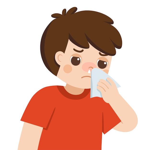 Vector sick cute boy with a cold and runny nose getting paper napkin sneezing. flu symptoms.