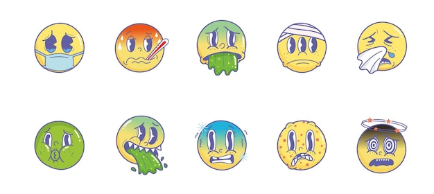 Sick emoji vintage 30s 40s 50s cartoon and comic facial expressions emoji