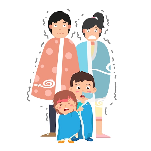 Sick family character cold and flu vector cartoon illustration