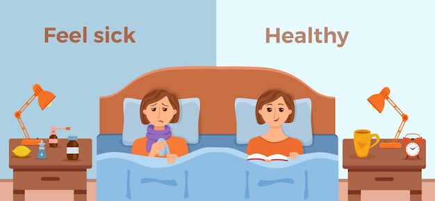 Sick girl in bed the symptoms of cold, flu and feel good healthy male with book