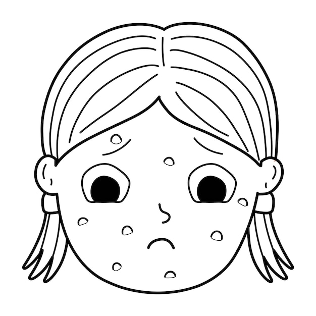 Vector sick girl face in outline little kid black and white emotion ill character coloring page