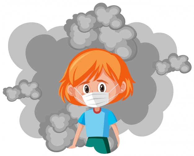 Vector sick girl wearing mask with smoke