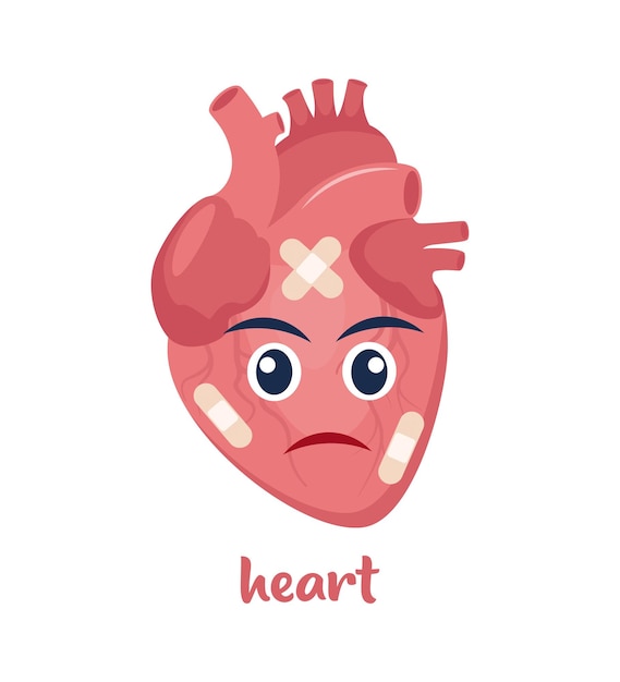Sick heart with pain ache or disease Sad cartoon character heart body organ