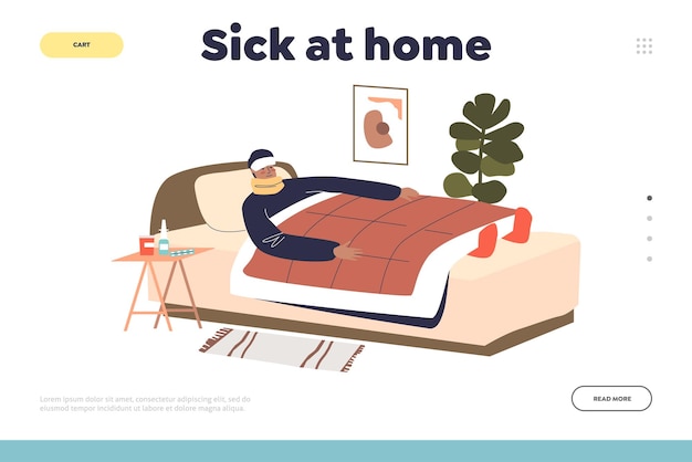 침대에 누워 있는 남자가 있는 방문 페이지의 아픈 가정 개념은 발열 독감으로 고통받습니다