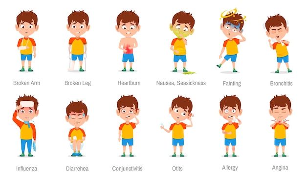 Sick kid symptoms icons of flu fever or cold child pain disease and trauma vector boy characters Sick kid symptoms of nausea allergy or diarrhea broken arm or heartburn bronchitis and otitis