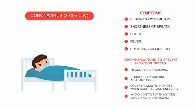 Ragazzino malato con la mascherina medica in un letto di ospedale. elenco infografico di raccomandazioni per la protezione contro il coronavirus, i sintomi del coronavirus.